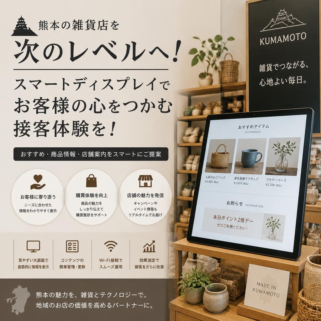 熊本の雑貨店を次のレベルへ！
スマートディスプレイでお客様の心をつかむ接客体験を！